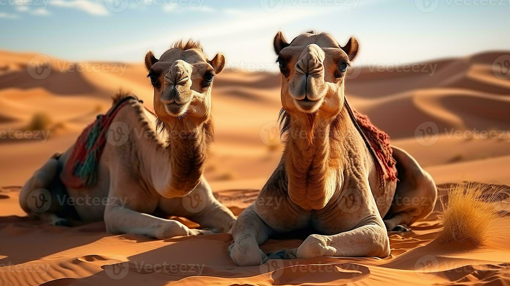 Two camels resting in the desert sand. Generative AI photo
