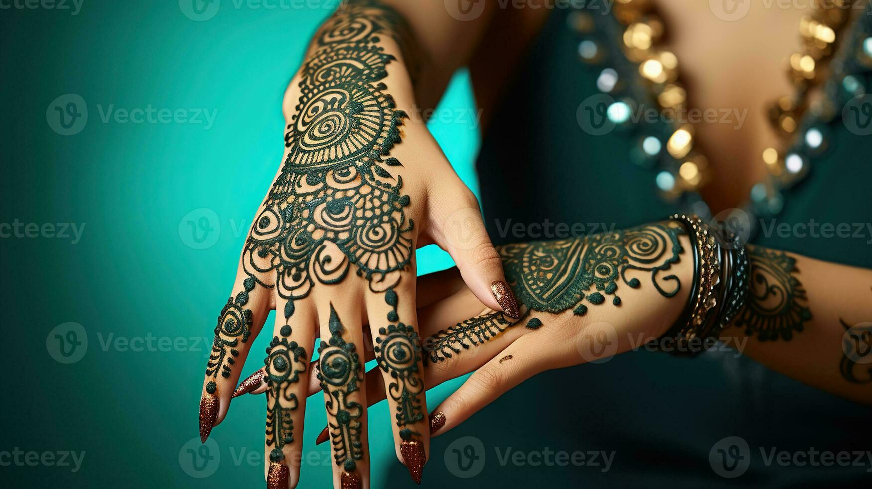 Woman Hands with black mehndi tattoo. Hands of Indian bride girl with black henna tattoos. Hand with perfect turquoise manicure and national Indian jewels photo