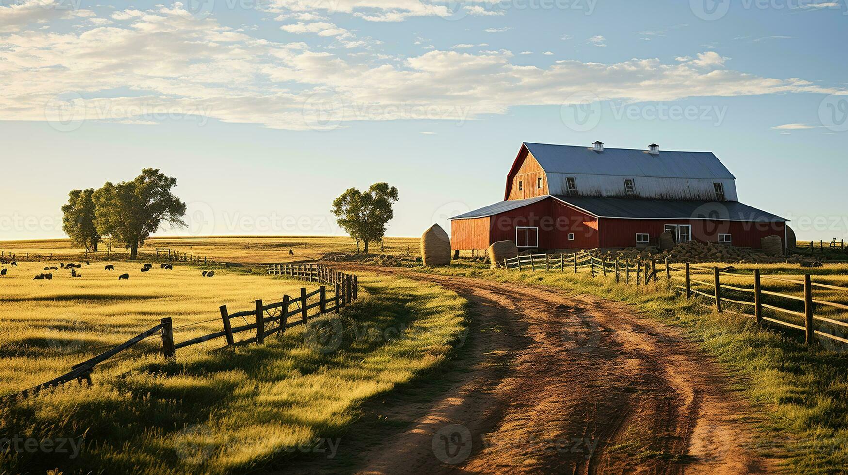 Exploring the Scenic Dirt Road Between Charming Barns on a Serene Farm photo