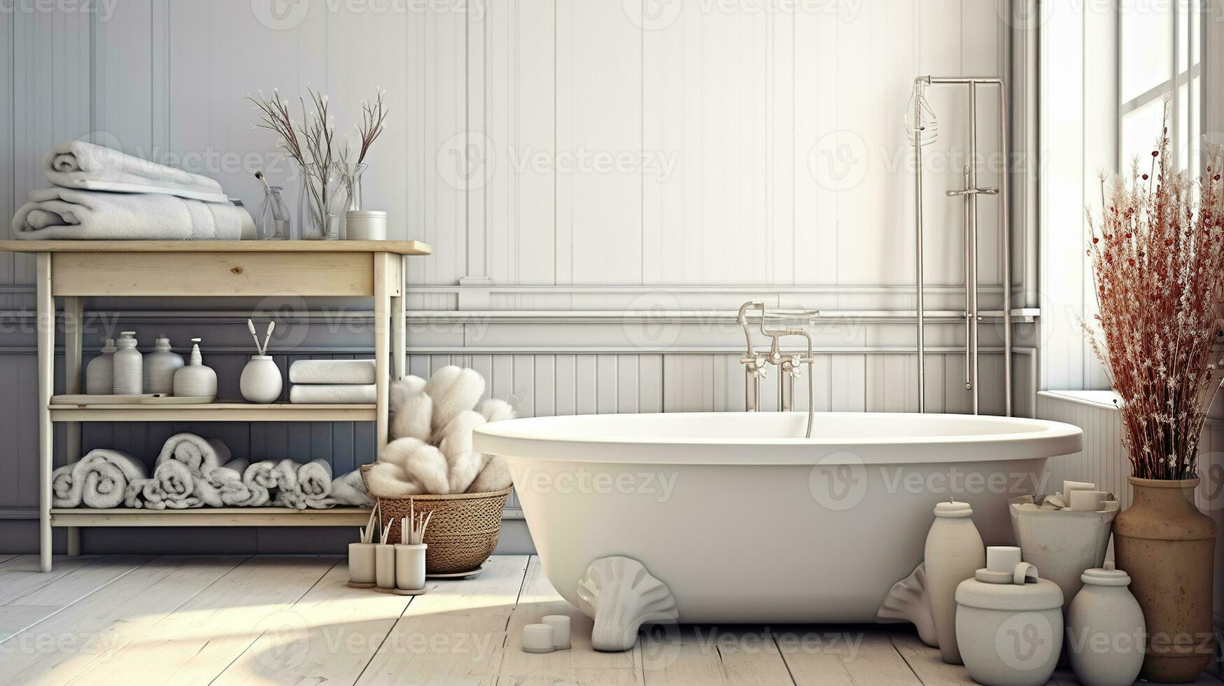 serenidad en blanco, bañera felicidad y natural adornos en baño decoración.  generativo ai 30761089 Foto de stock en Vecteezy