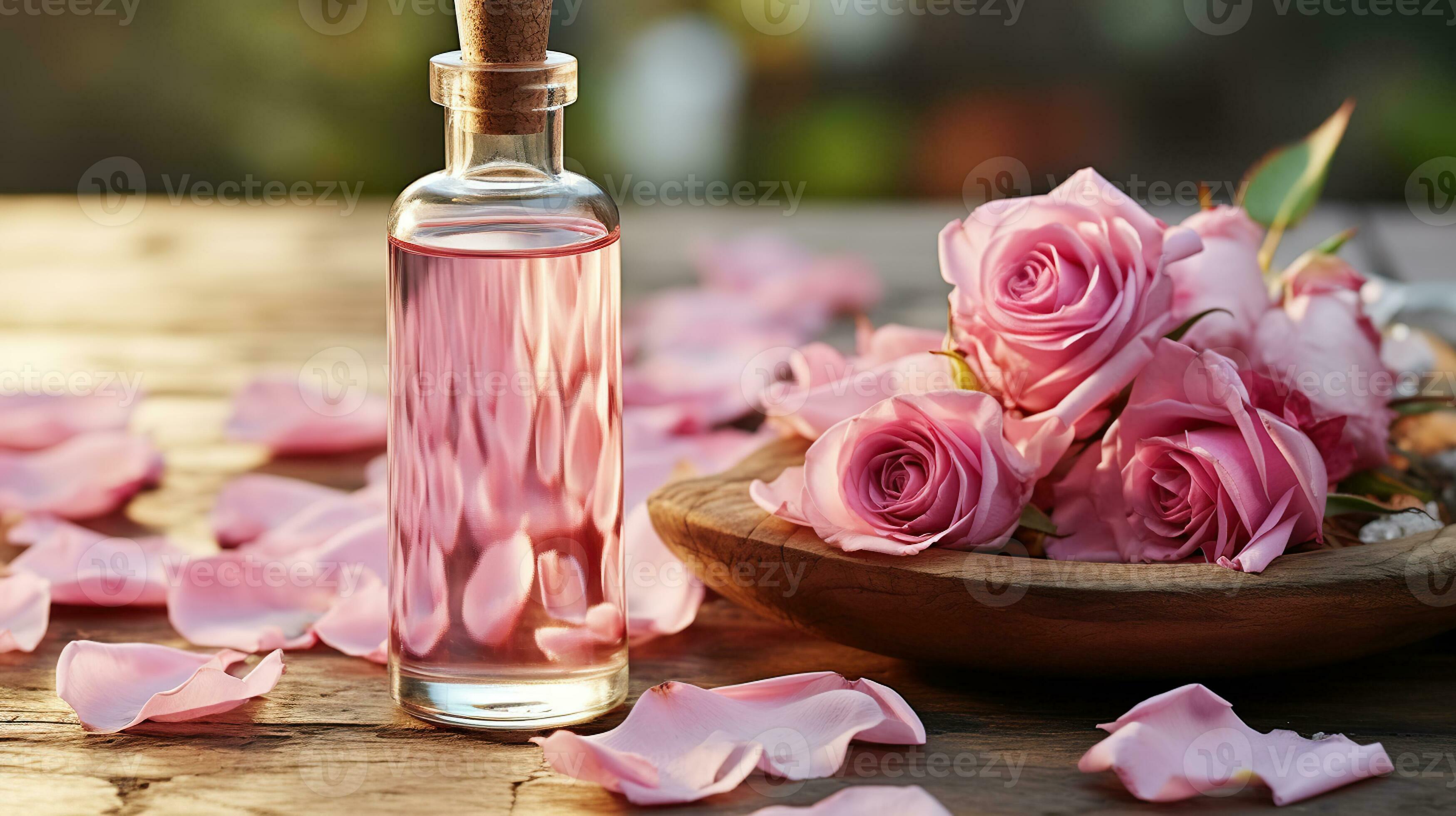 Spa and aromatherapy cosmetic concept. Pink rose flower and glass of bottle  essential oil with rose petals 30761092 Stock Photo at Vecteezy