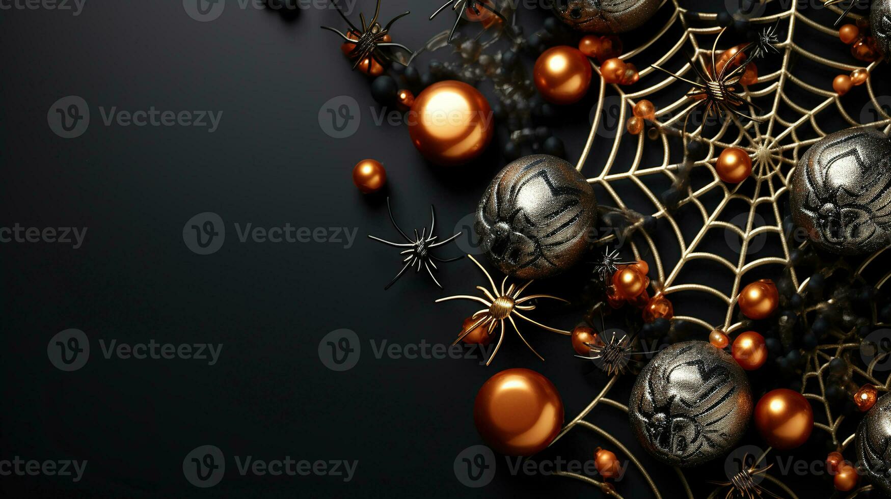 Happy halloween flat lay mockup with spiders, decoration and spider web on black background. Autumn holiday concept composition. Generative AI photo