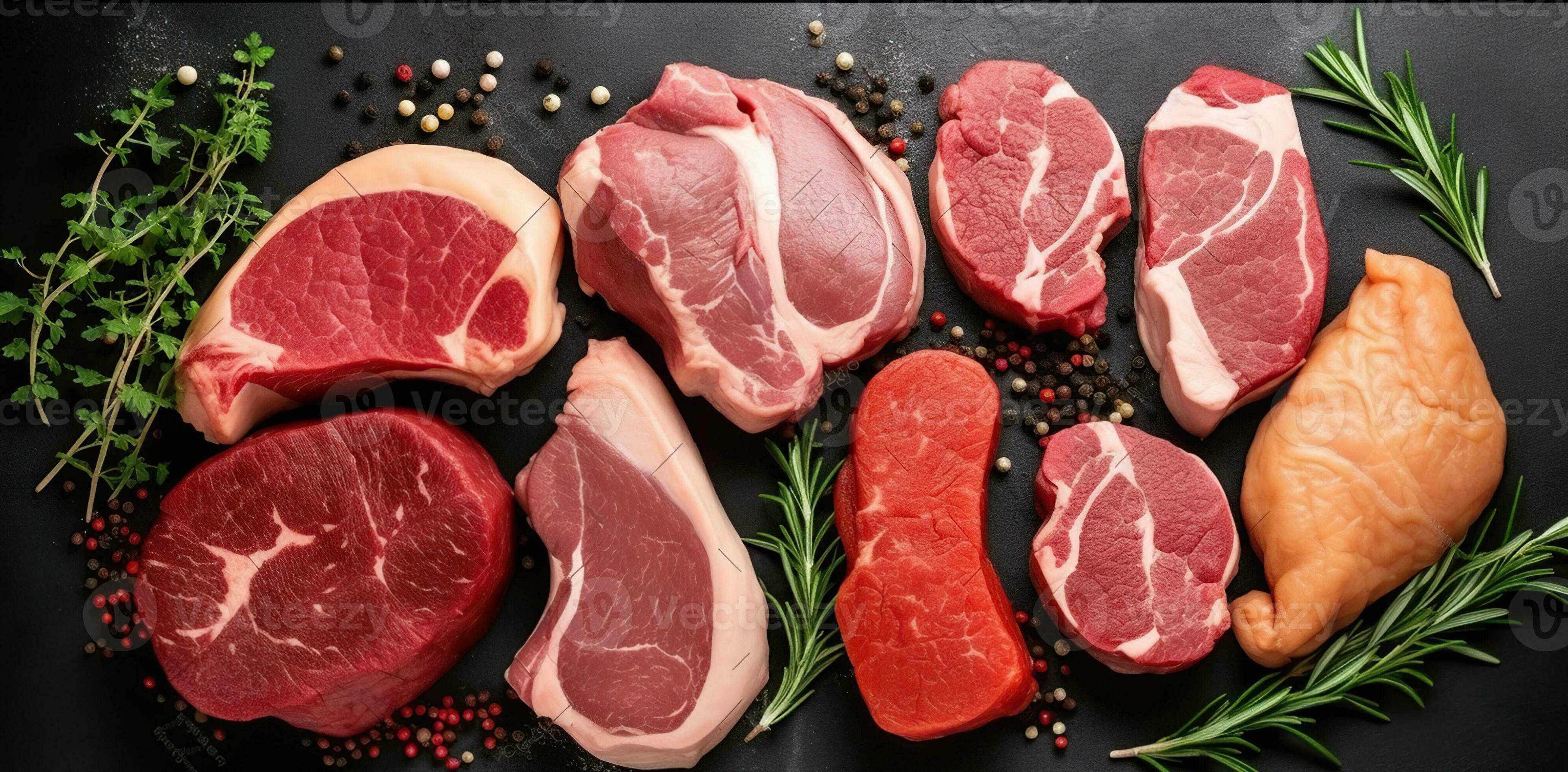 Top view. Different types of raw meat beef, pork, lamb, chicken on