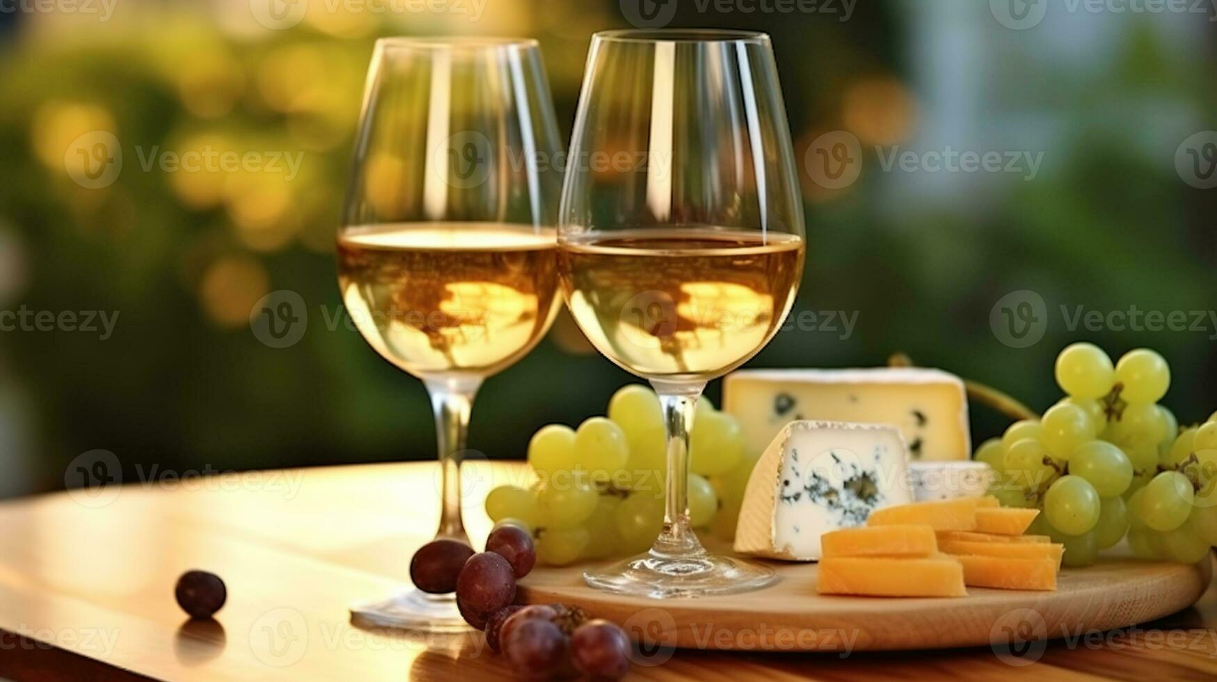 Various sorts of cheese, grapes and two glasses of the white wine. Generative AI photo