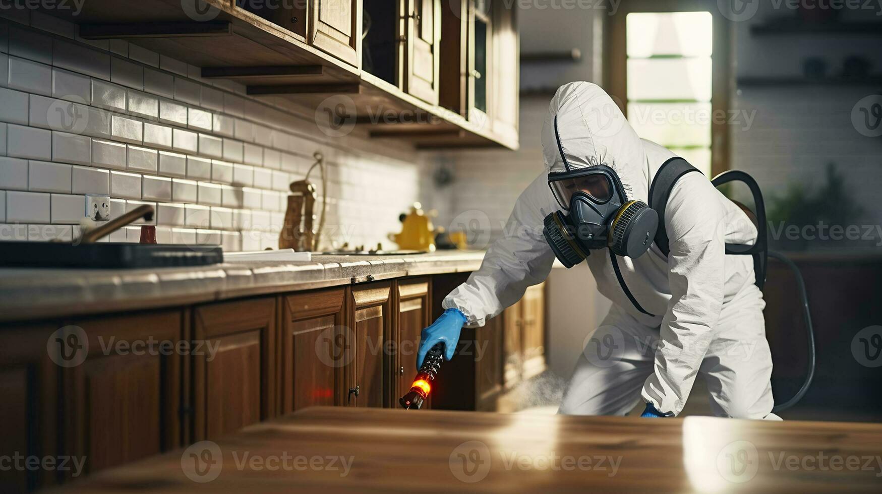 Exterminator fighting insects in house with mask and white protective suit spraying poisonous gas or liquid from sprayer bottle on floors and cupboards in kitchen interior. Generative AI photo