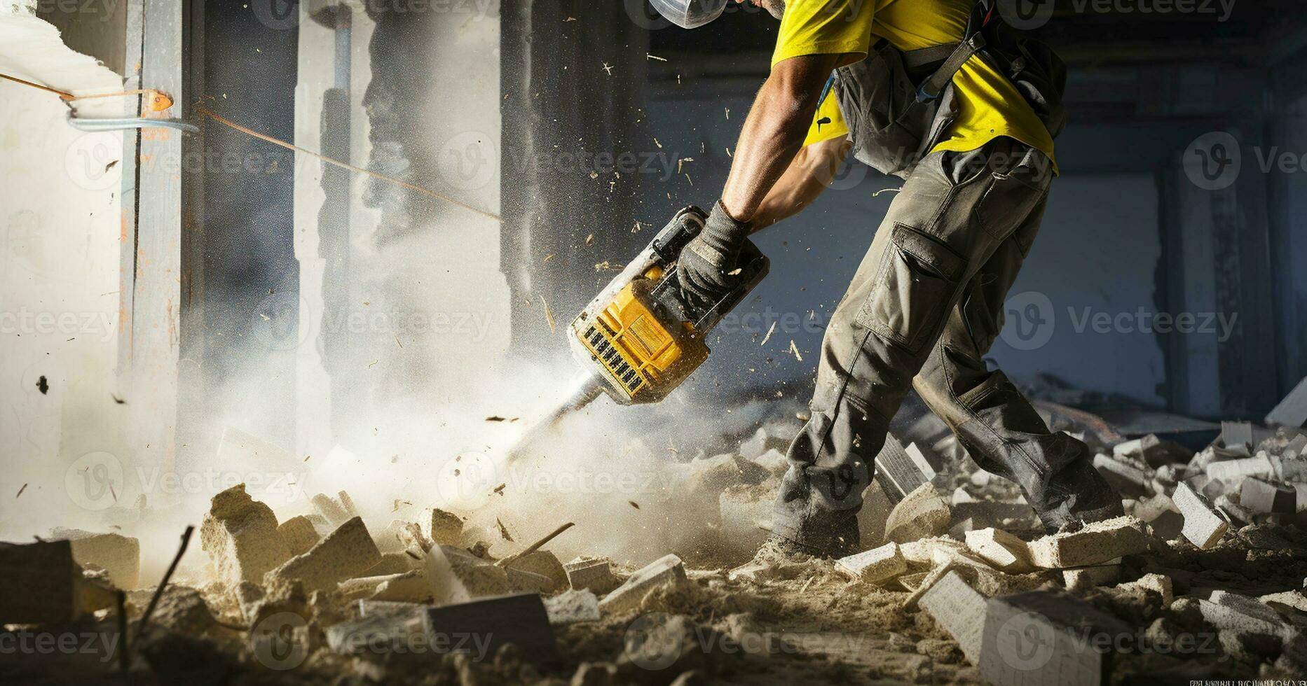 Construction Worker at Work with Jackhammer. Generative AI photo