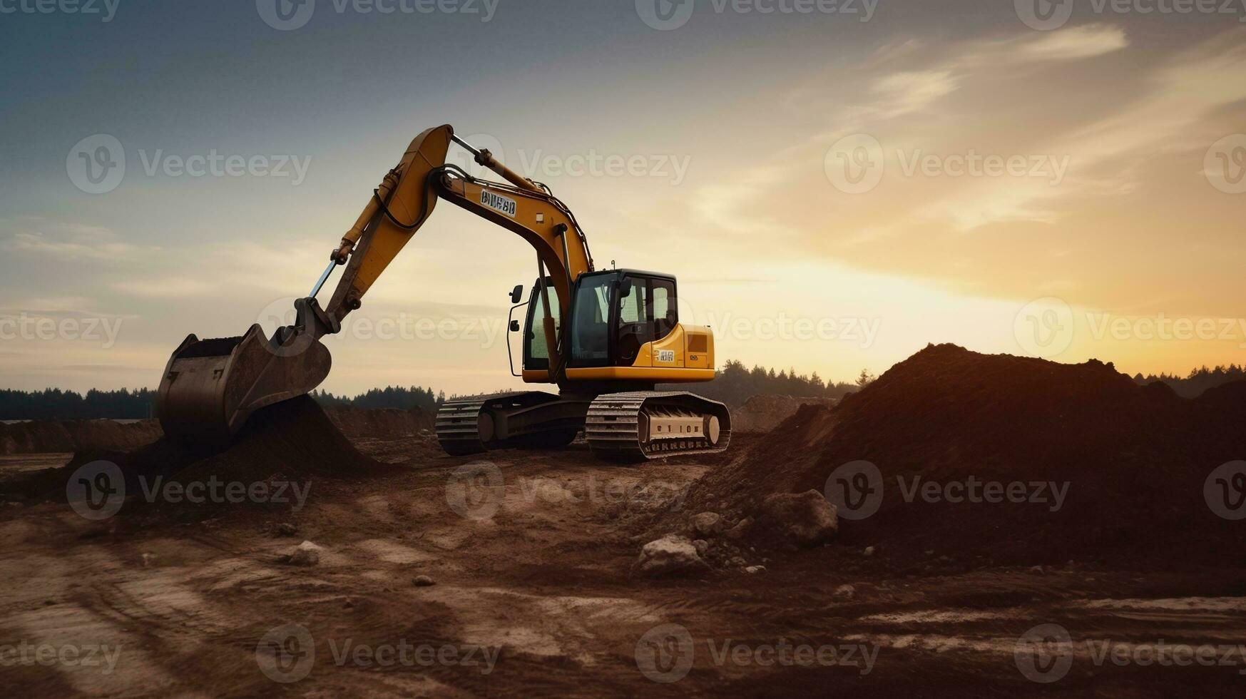 Excavator and Loader in Action as the Sun Sets on the Horizon. Generative AI photo