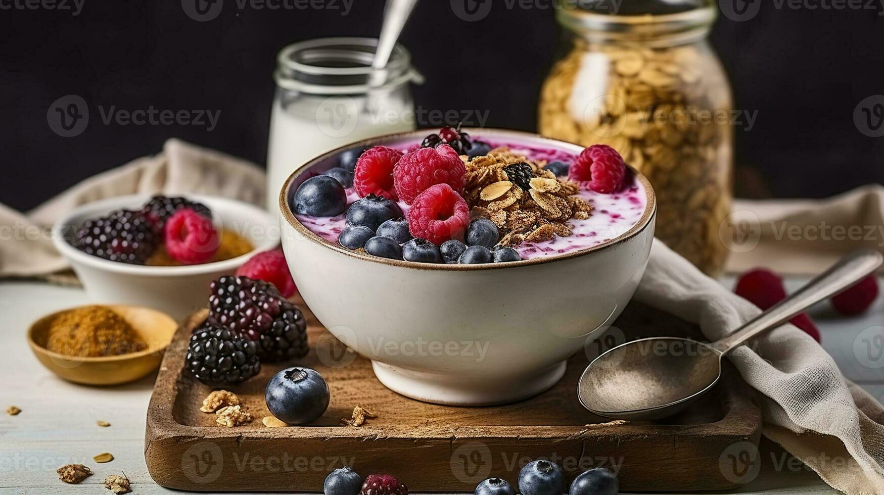 Farmhouse Breakfast Delight. Yogurt, Granola, Berries, Coffee, and Honey on Display. Generative AI photo