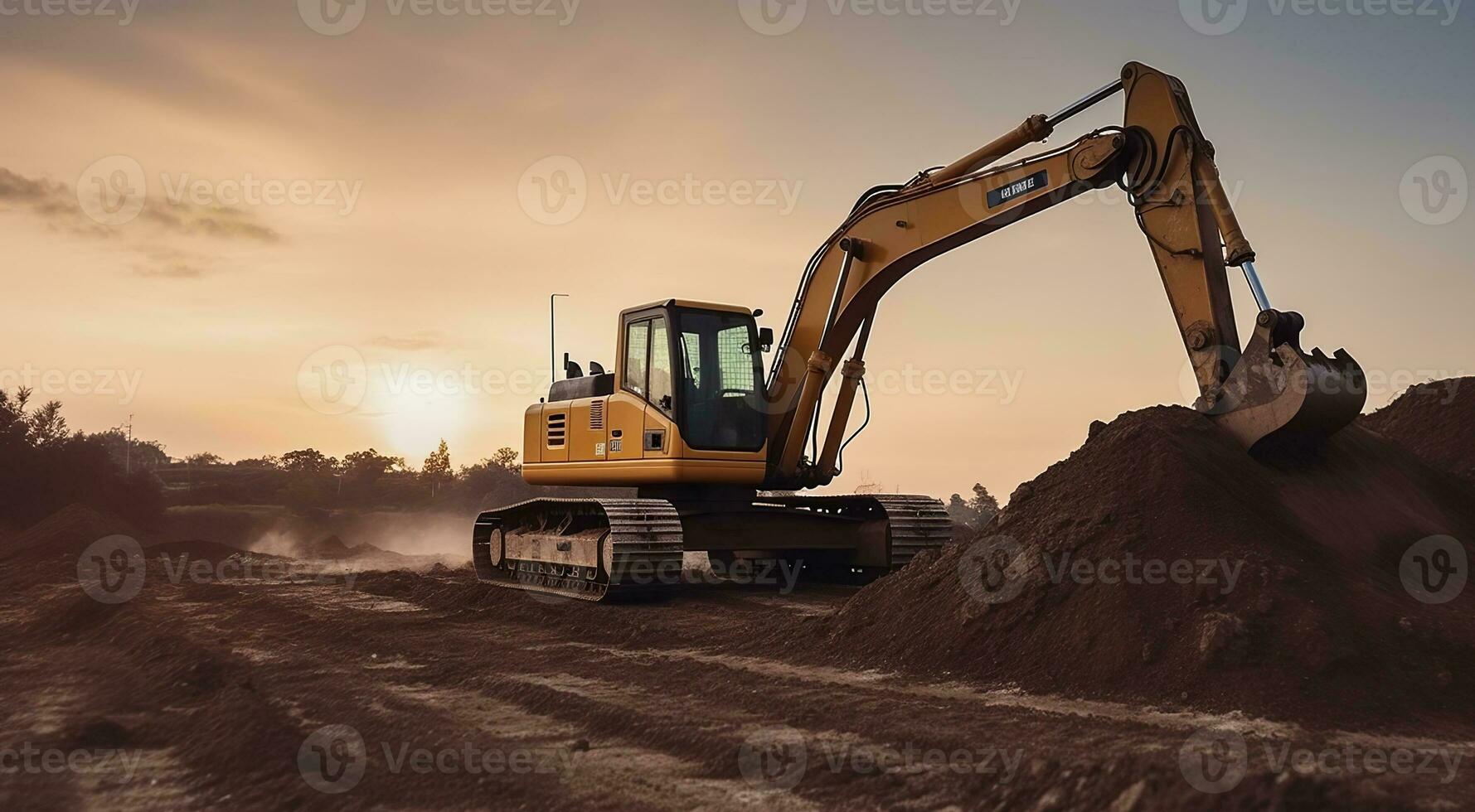 An Excavator's Graceful Dance in the Open Pit Mining. Sunset in the Quarry. Generative AI photo