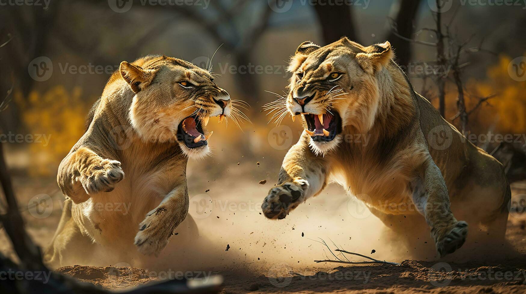 Dramatic Confrontation of Lionesses Amidst the Untamed Wilderness photo