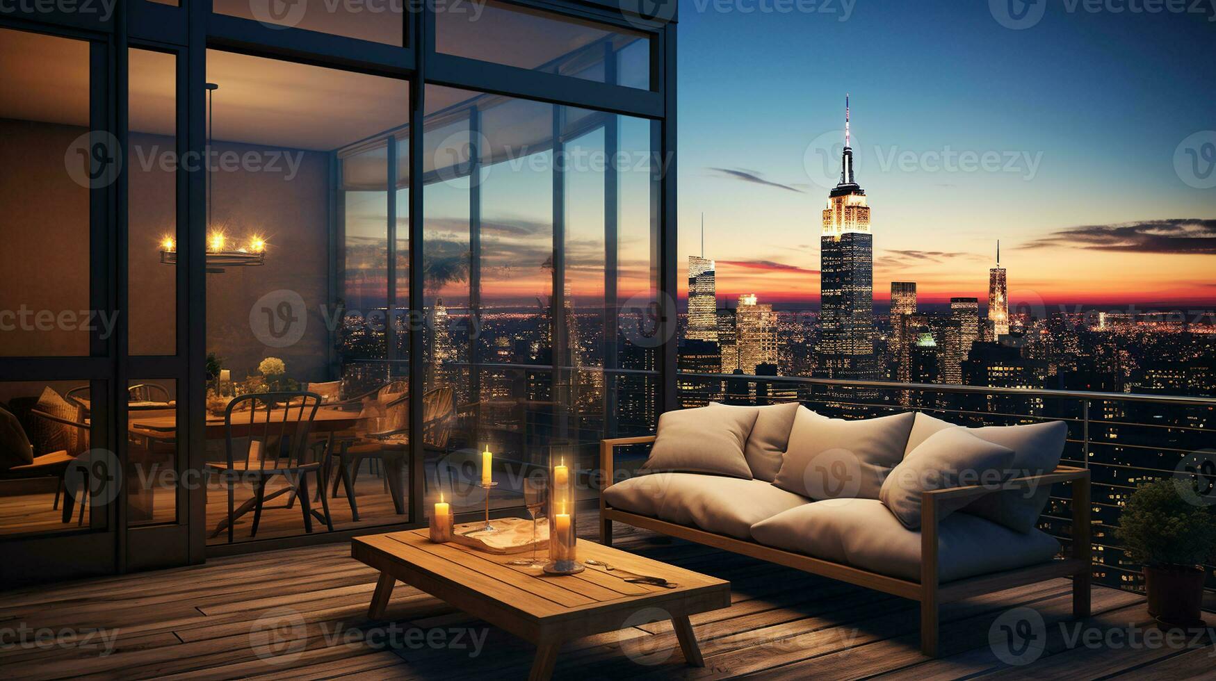 Embracing City Views from a Luxury Apartment Terrace at sunset. Generative AI photo