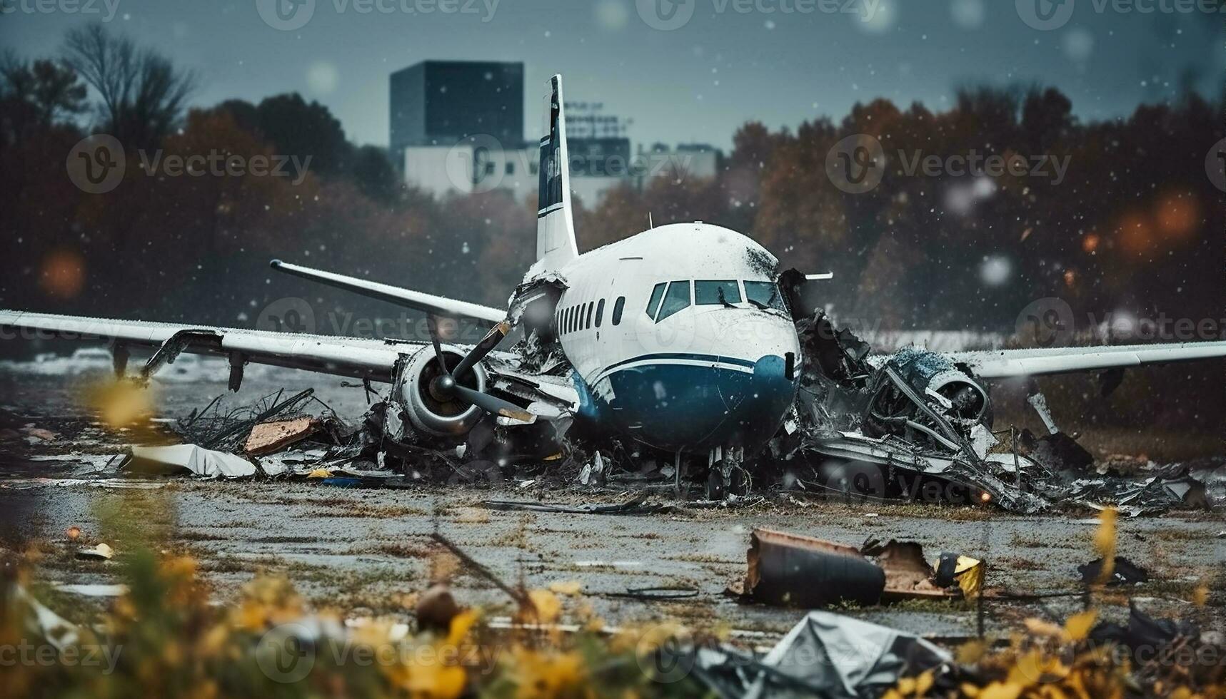 Plane crash, crashed airplane, air accident. Generative AI photo