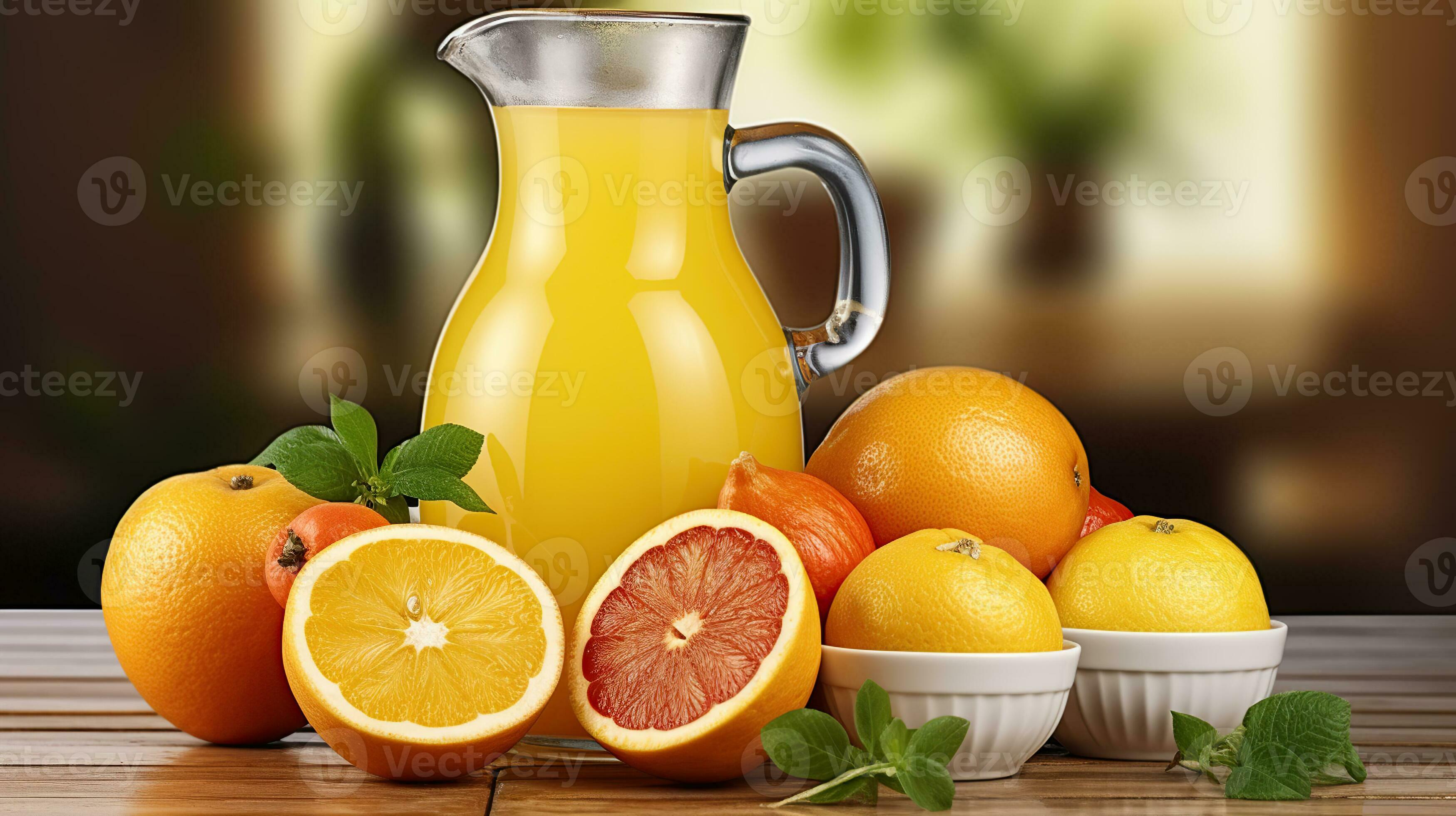 A Pitcher of Chilled Orange Juice and Artfully Arranged Sliced Fruits