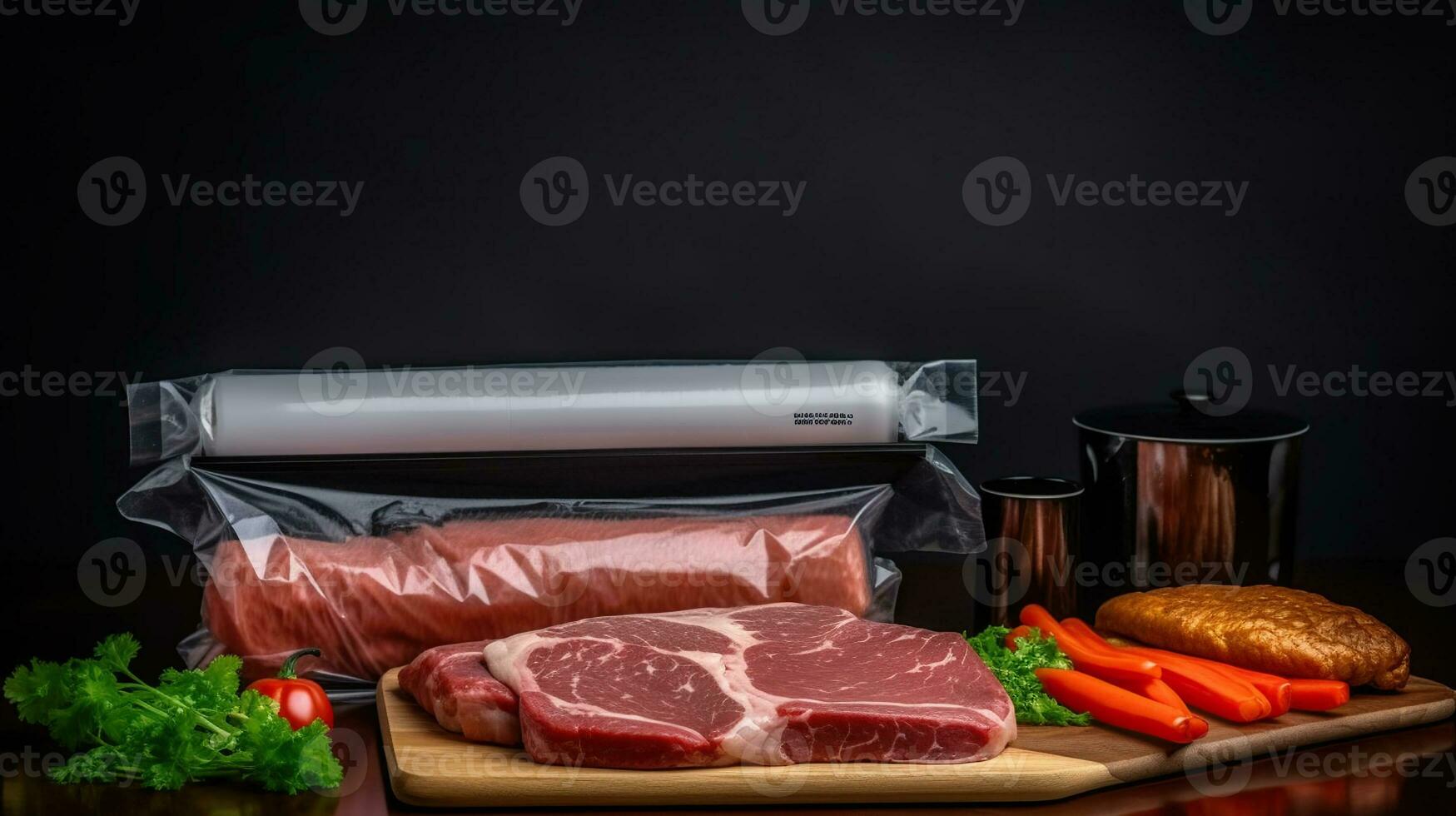 Vacuum sealer machine and meat on a dark background photo