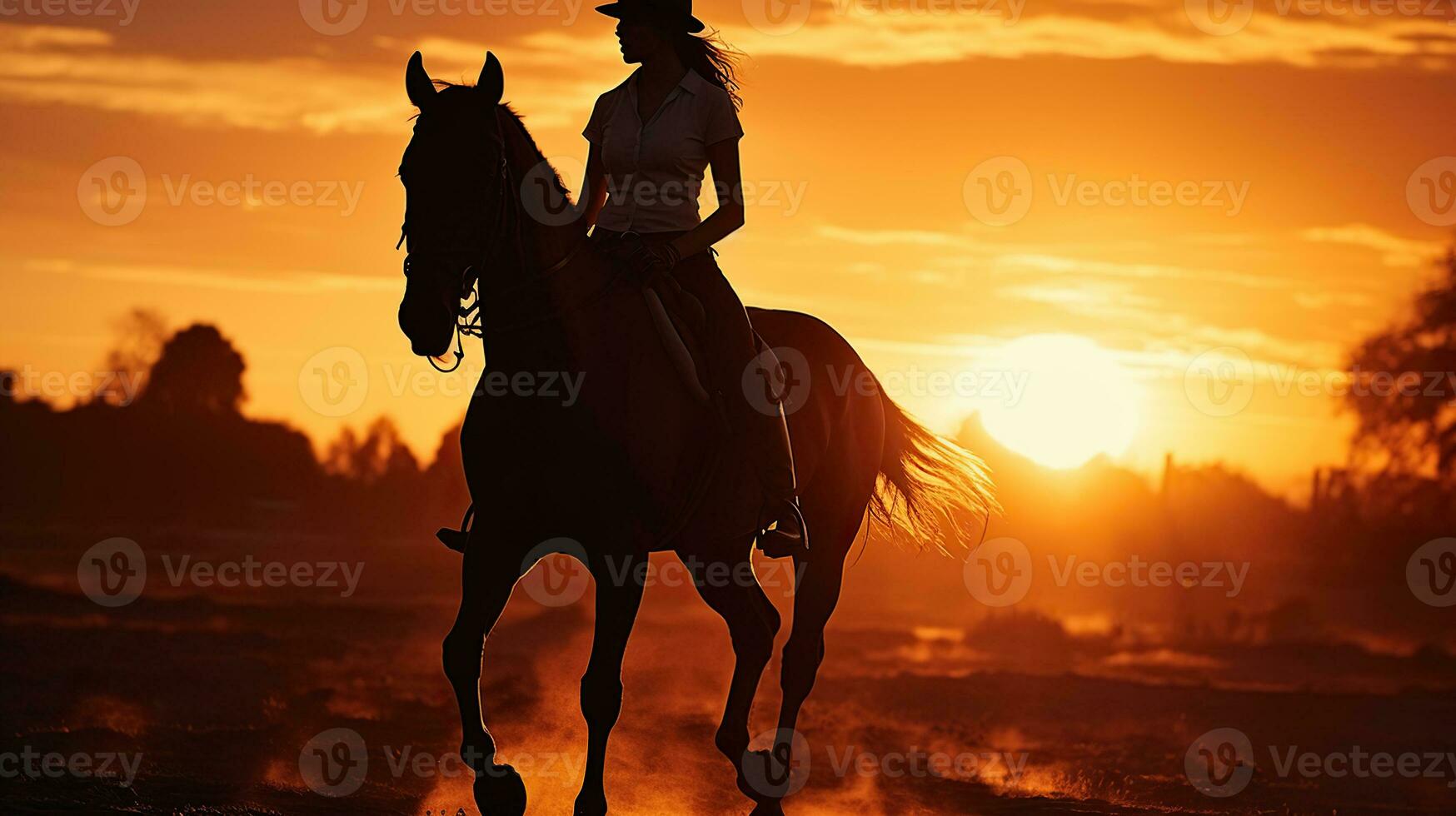 Silhouette of a woman riding a horse at sunset. Equestrian Elegance. Generative AI photo