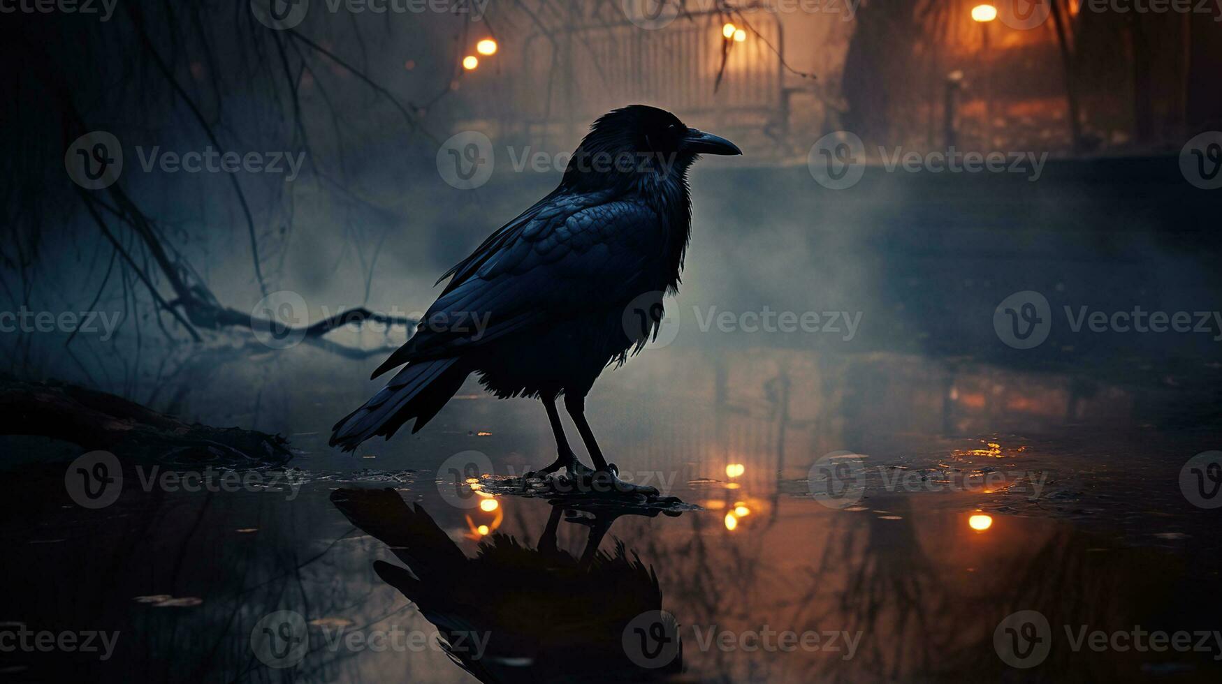 The Crow's Odyssey in the River of Smoke and Dreamy Nightmares. Generative AI photo