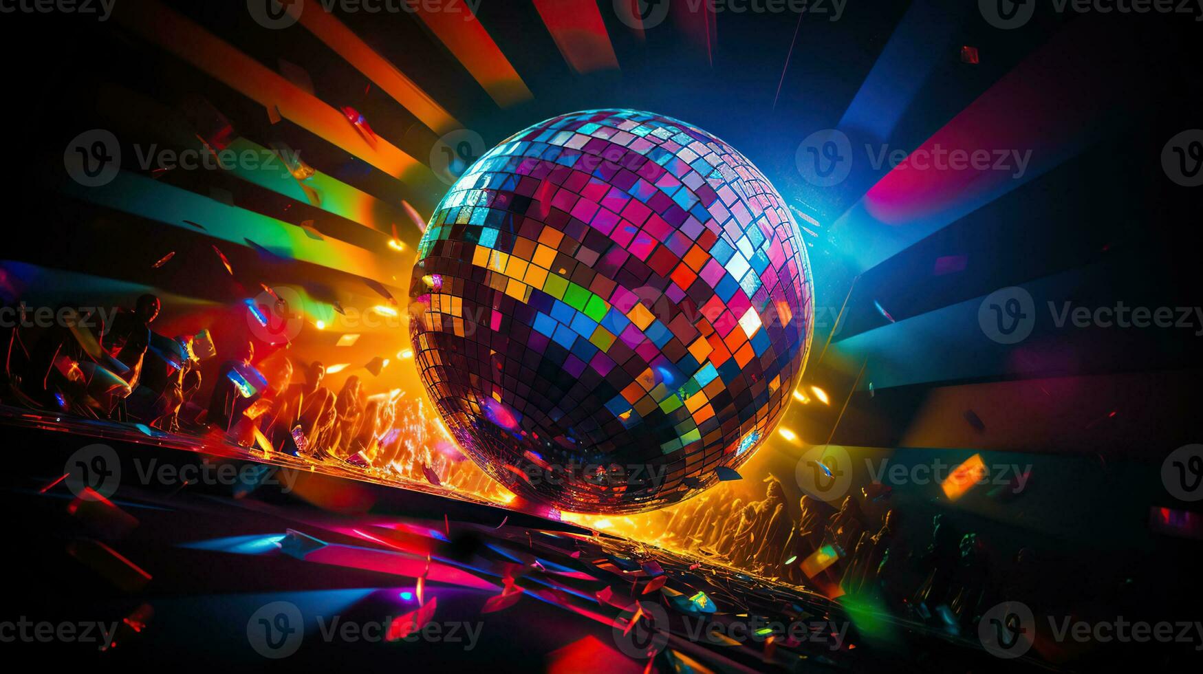 Disco mirror ball struck nightclub lasers exploding into prismatic RAINBOWs, Generative AI photo