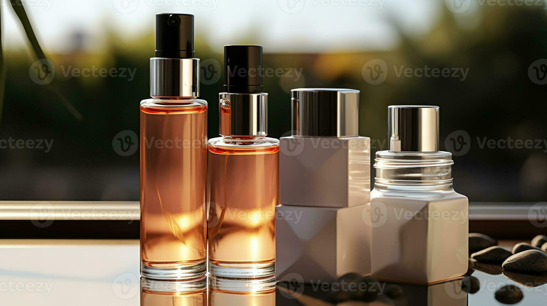 Mockup of cosmetic bottles of perfume and cream, Generative AI photo