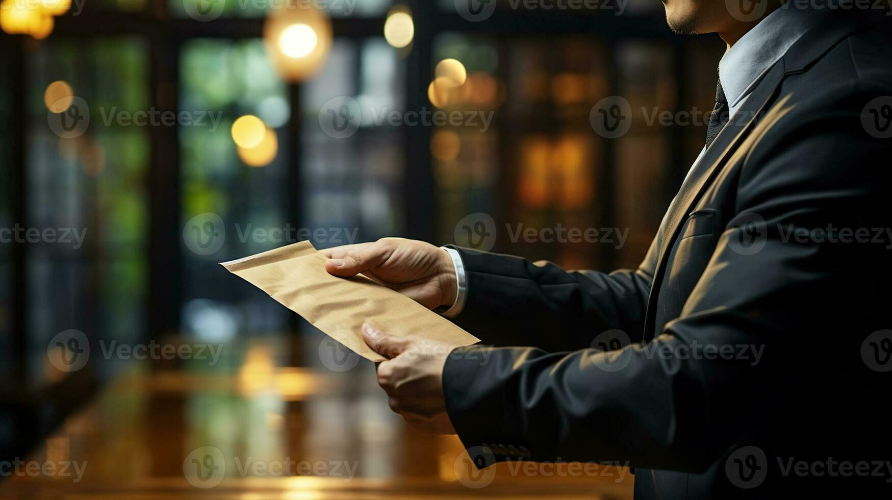 Businessman receive bribe money in envelope to business people to give success the deal contract of investment, Bribery and corruption concept. Generative AI photo
