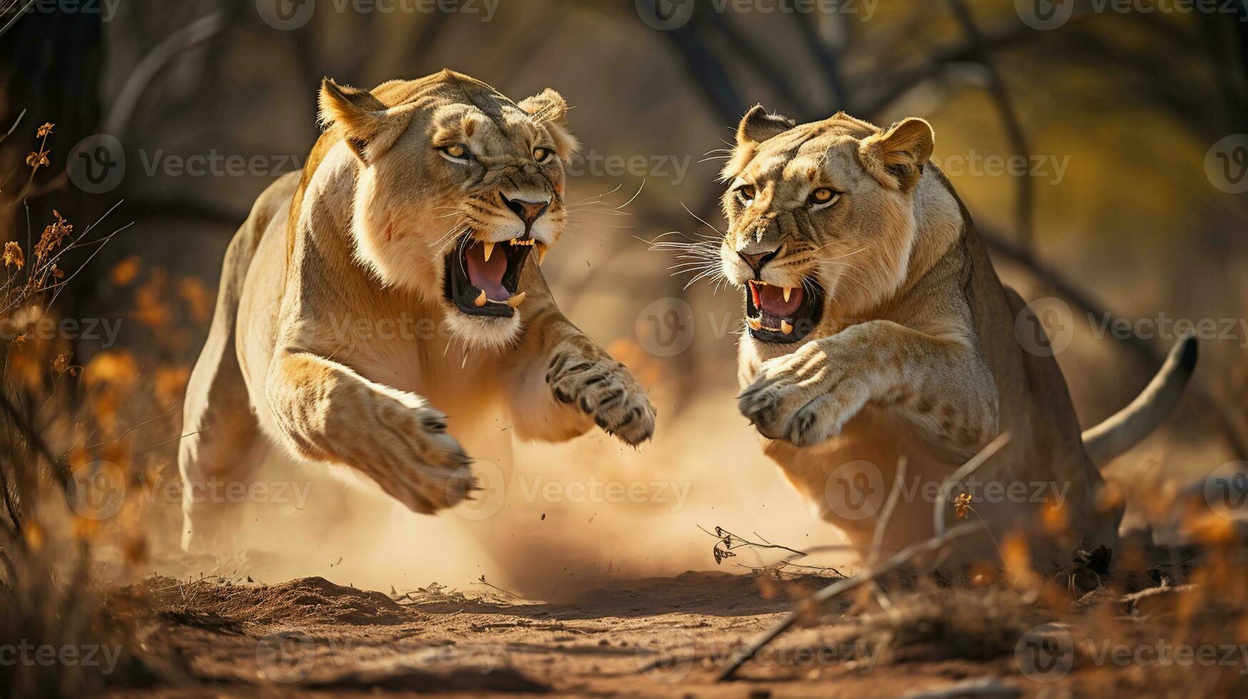 Intense Battle Between Two Lionesses in the Wild. Generative AI photo