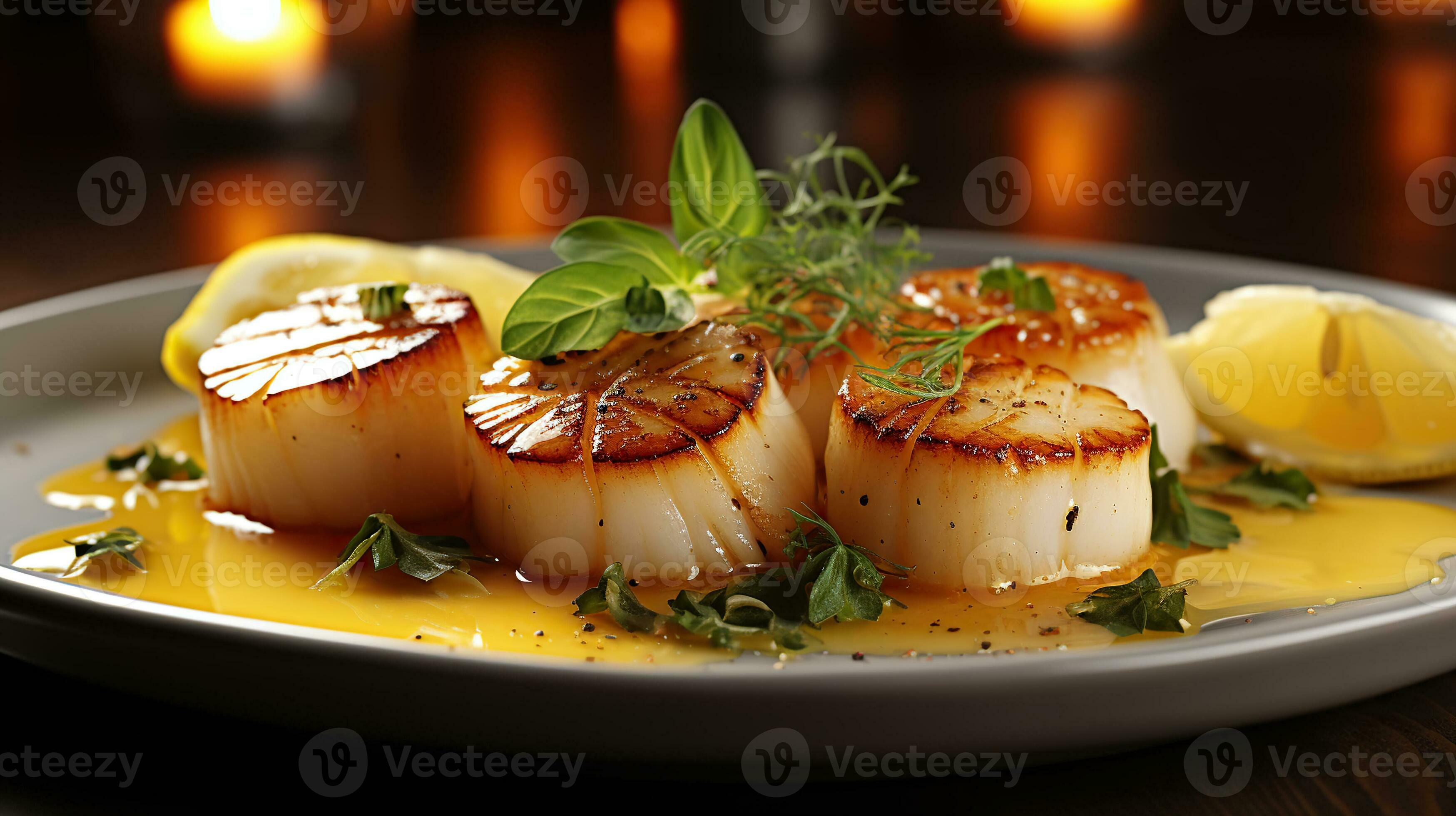 Close up of pan seared diver scallops with lemon beurre blanc