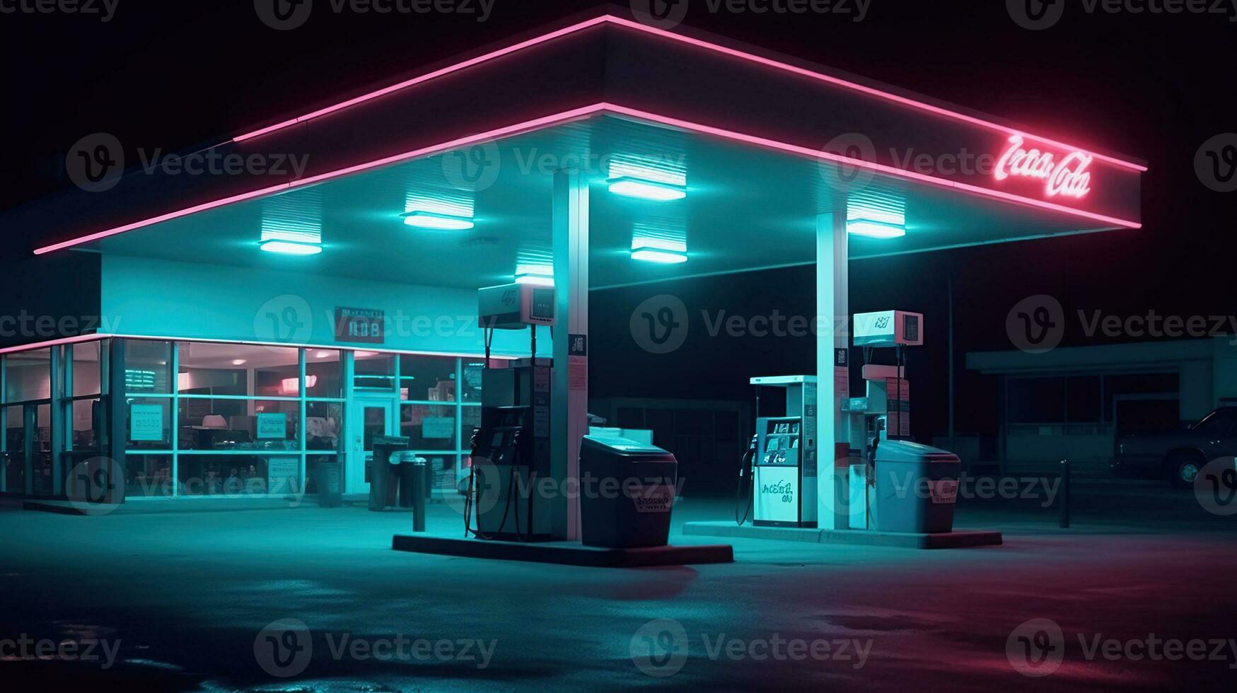 Liminal 70s style gas station in night with neon lit. Generative AI photo