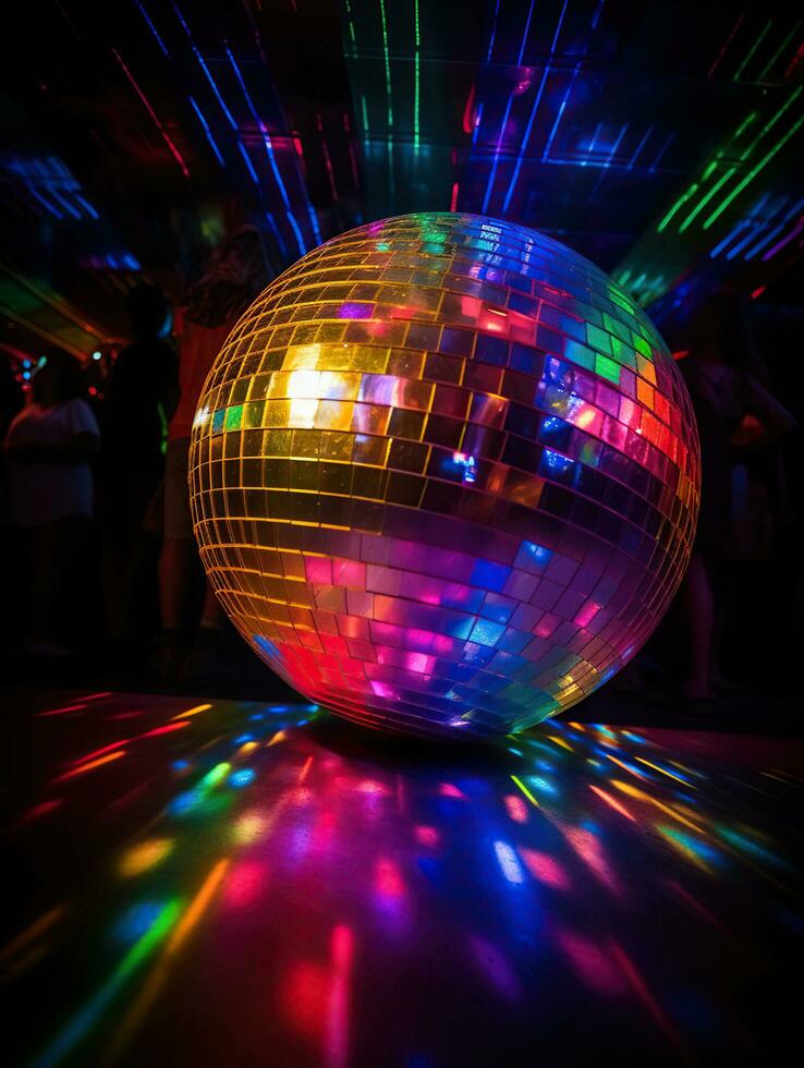 Disco Magic. Mirror Ball and Laser Light Nightclub Spectacle Paints the Night with Rainbows. Generative AI photo