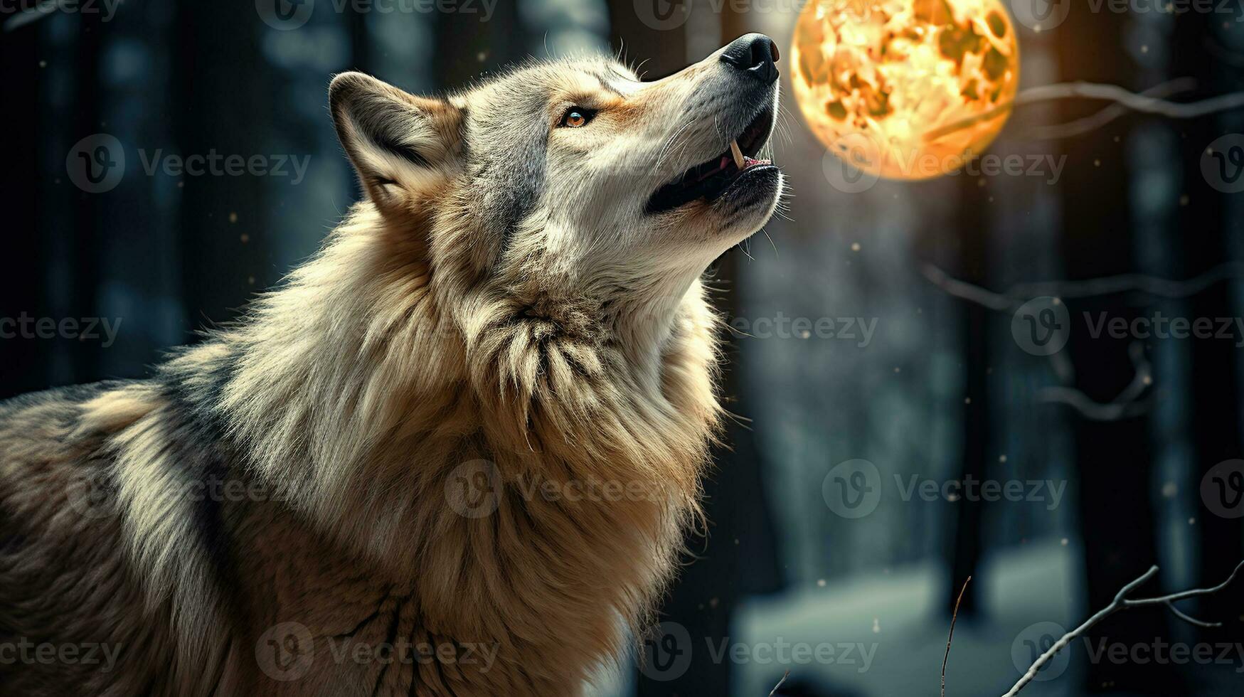 Wild Symphony, A gray wolf in a winter forest howls at the moon at night photo