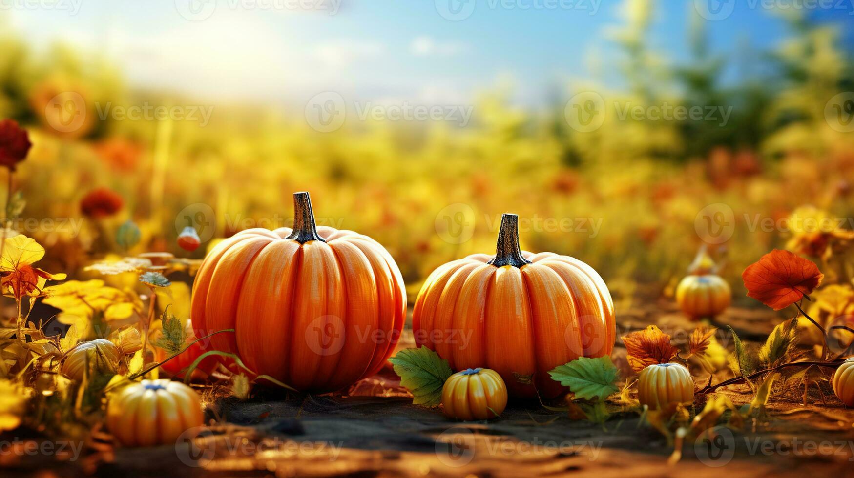 Orange pumpkin over beauty bright autumnal nature background. Harvest. Autumn Thanksgiving day background photo