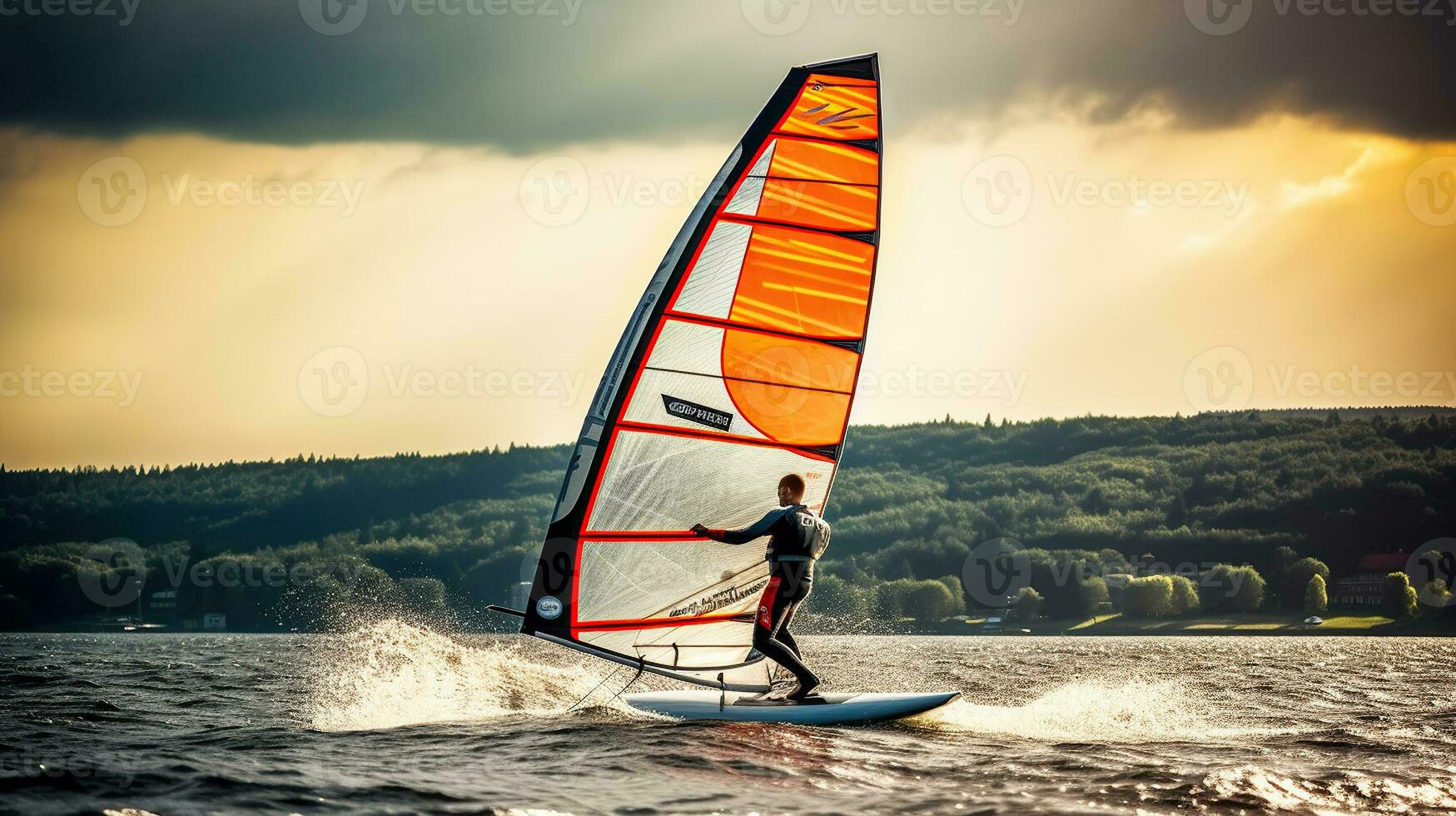 Windswept Serenity. Windsurfing Amidst Nature's Beauty with Billowing Sail photo