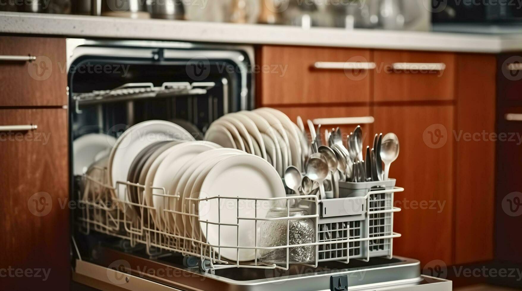 Dishwashing Perfection. A Stocked Dishwasher in a Neat Kitchen Setting. Generative AI photo