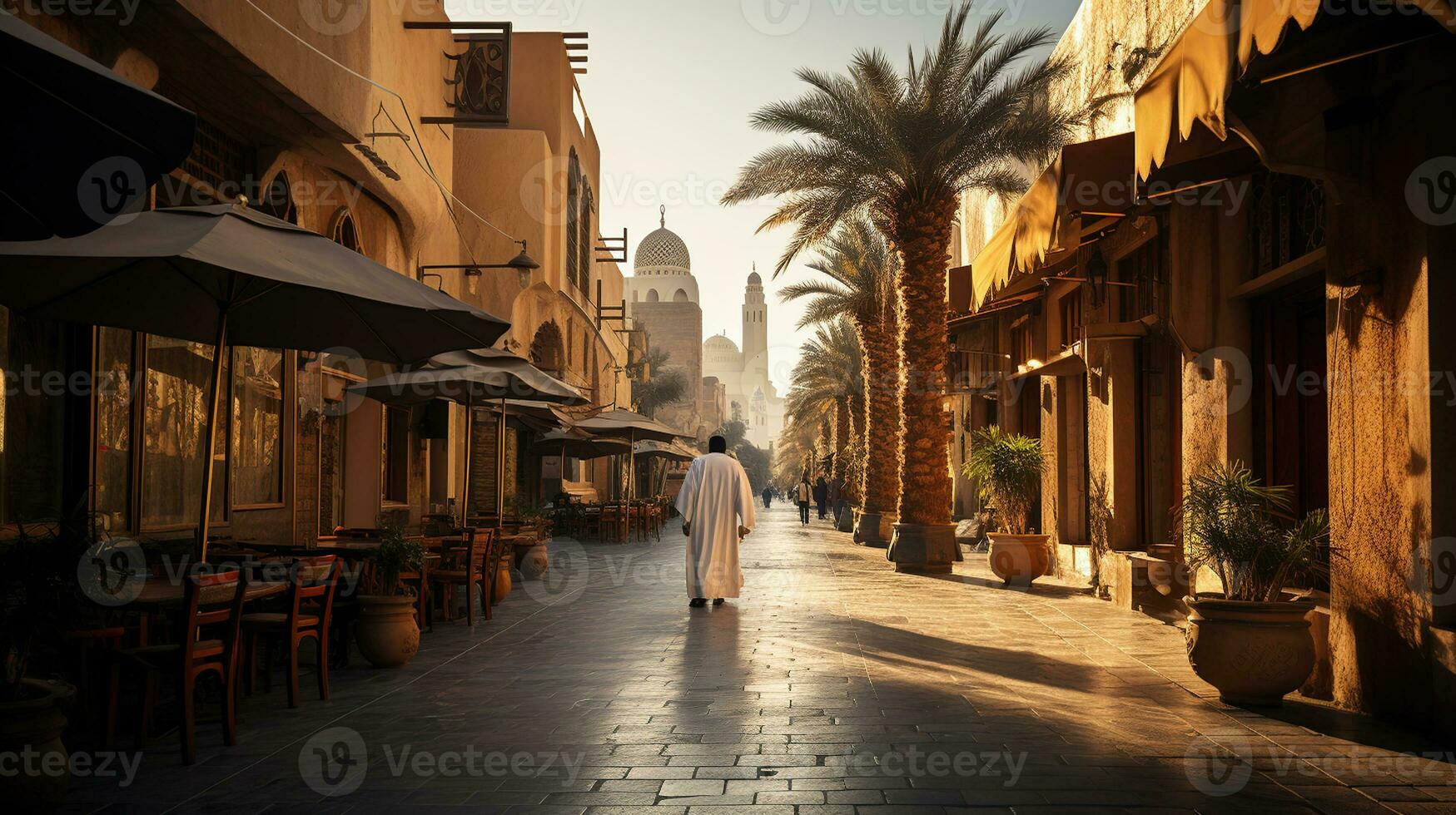 Sunset Over an Arabic Street in Dubai's Desert Downtown photo