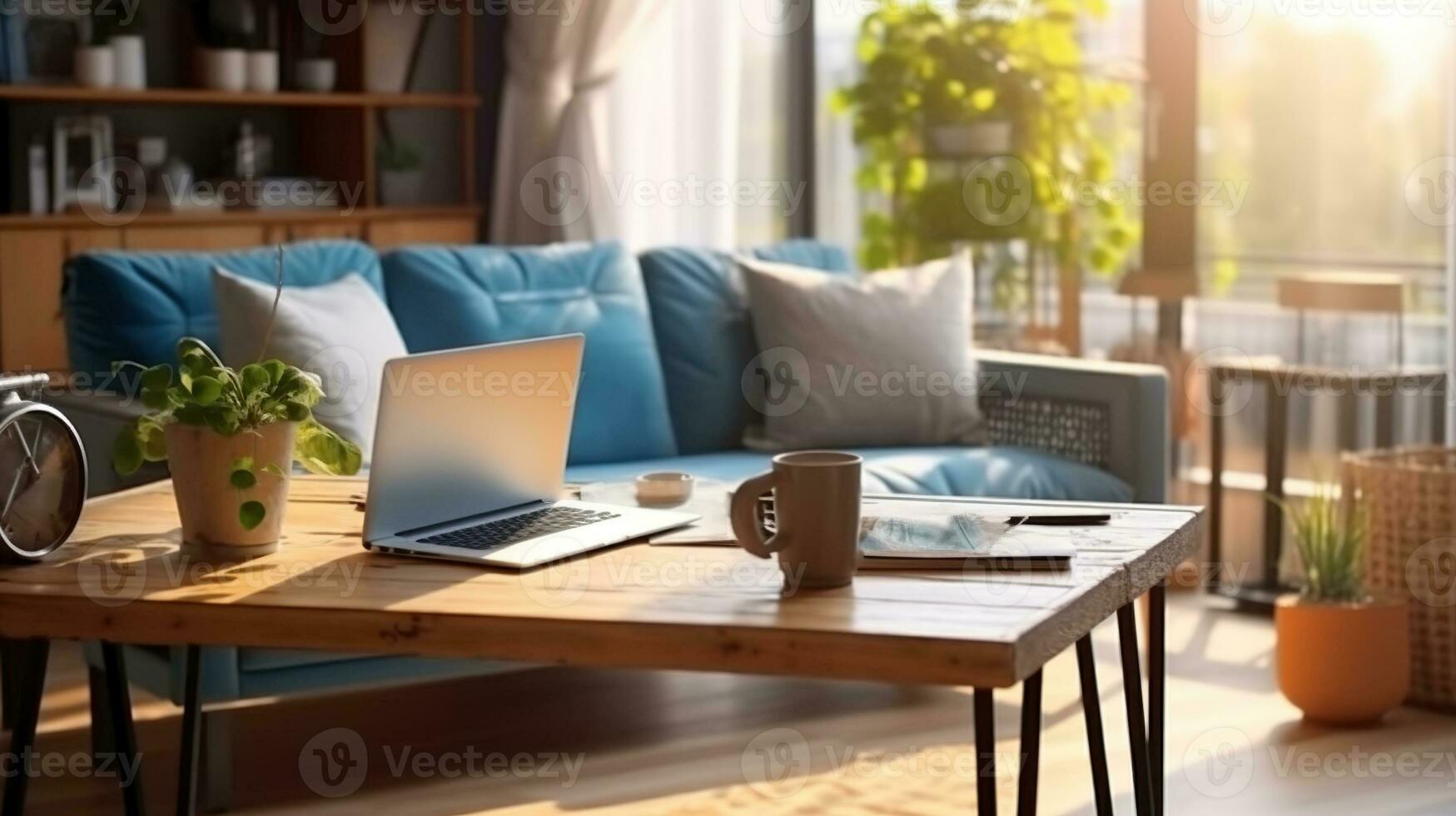 Sunlight illuminates living room workplace home office interior for comfort productive work, brown and blue colours. On wooden table laptop comfy couch with cushions on background, Generative AI photo