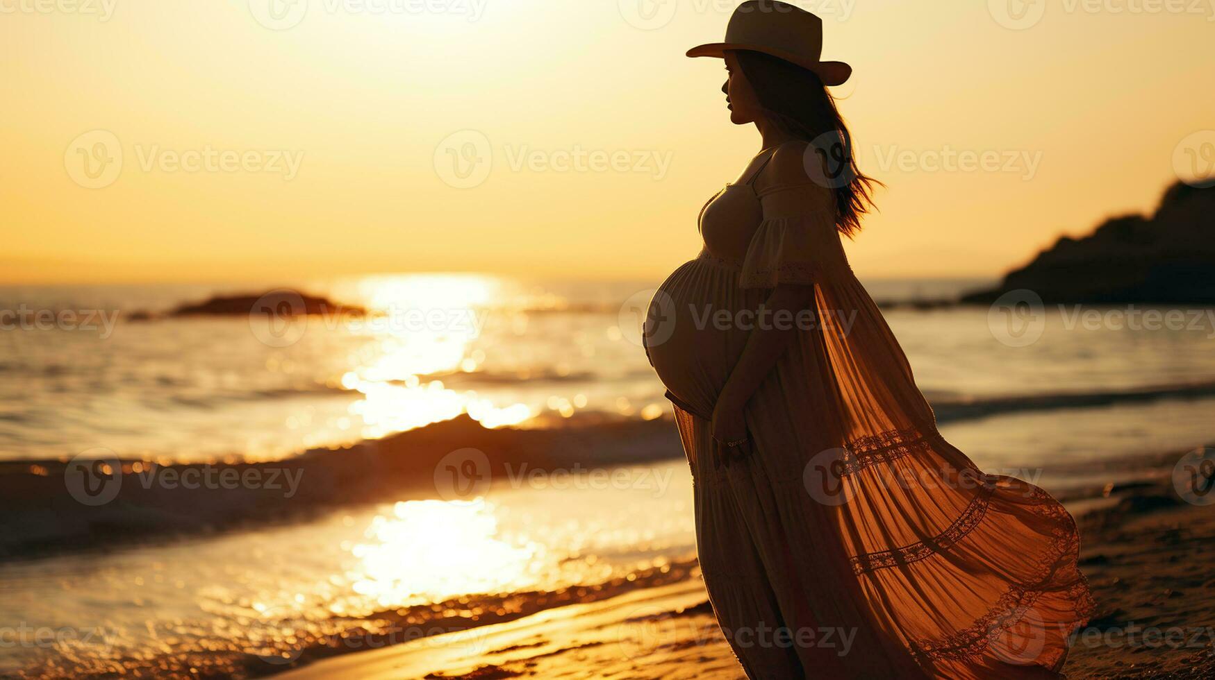 Awaiting New Horizons, Pregnant Mother's Serene Stroll along the Seacoast. Generative AI photo