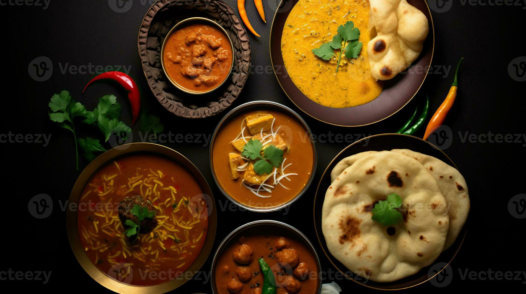 Top view, Different indian curries with naan, fully black background. Generative AI photo