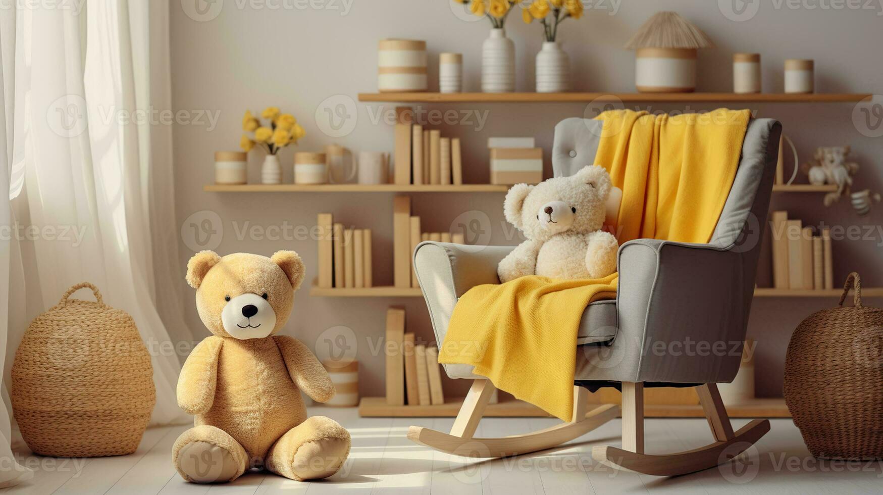 Large infant nursery with teddy bear and yellow blanket on white wooden rocking chair. Generative AI photo