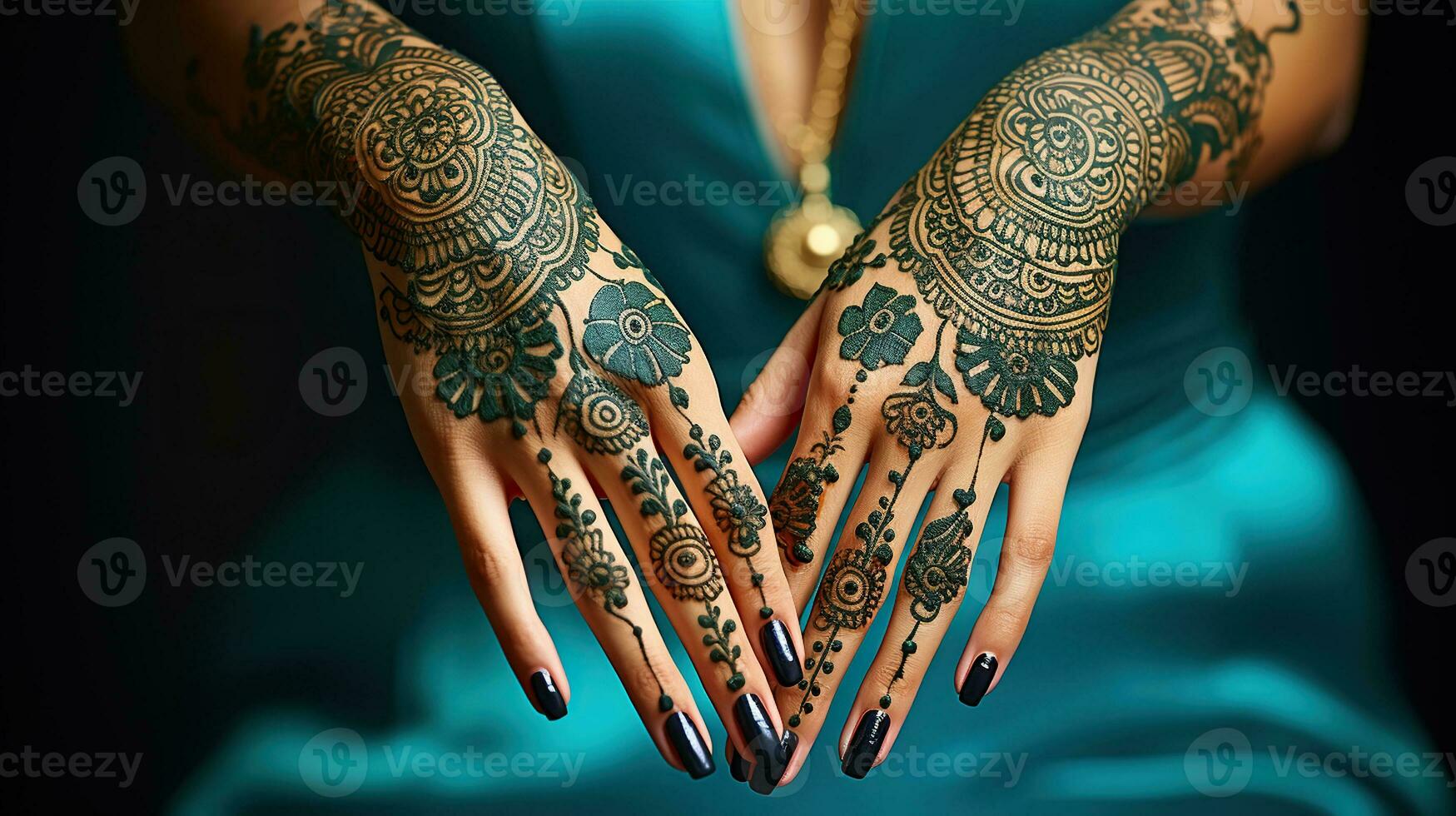 Hand with perfect turquoise manicure and national Indian jewels. Hands of Indian bride girl with black henna tattoos photo