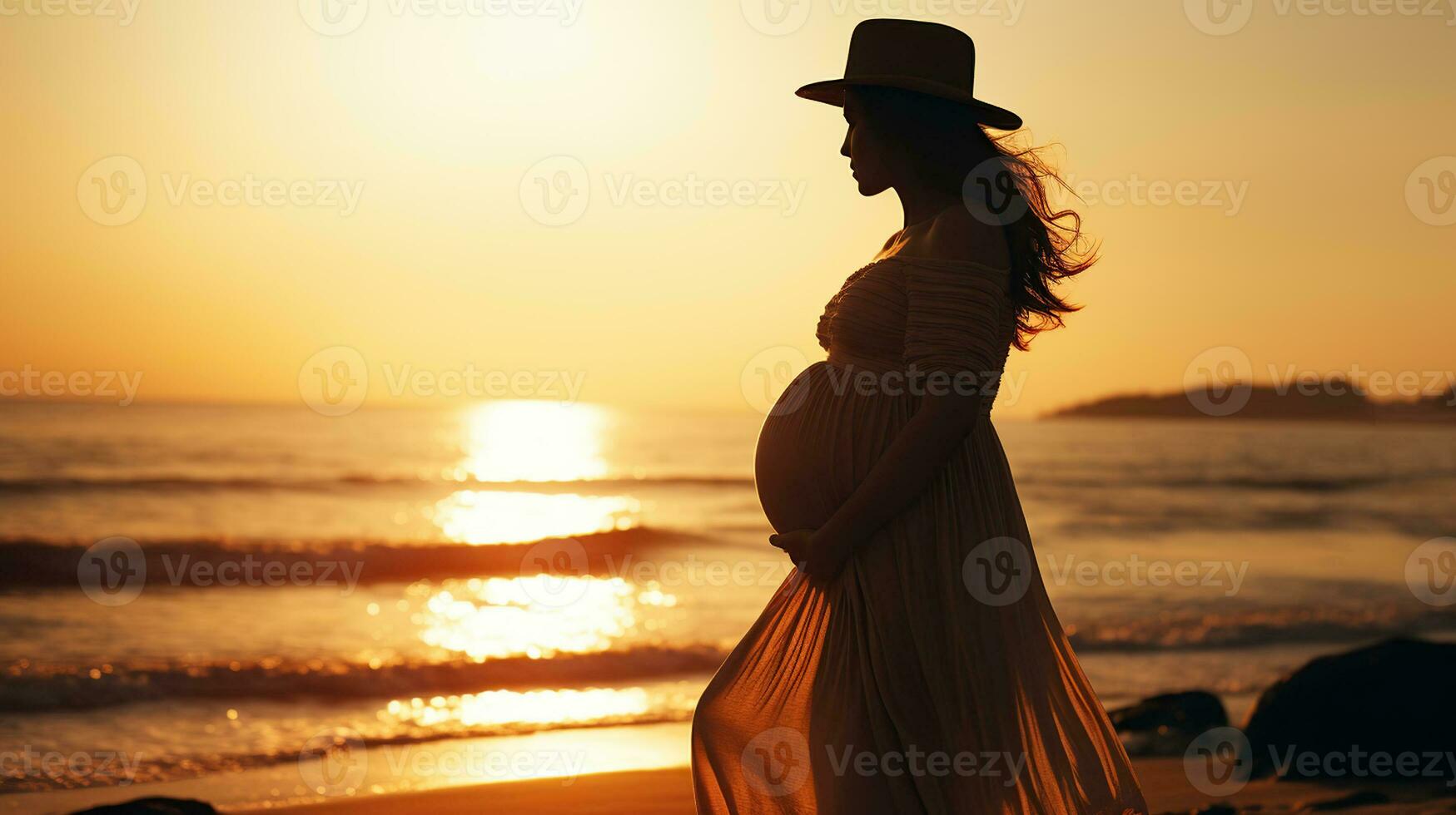 Awaiting New Horizons, Pregnant Mother's Serene Stroll along the Seacoast. Generative AI photo