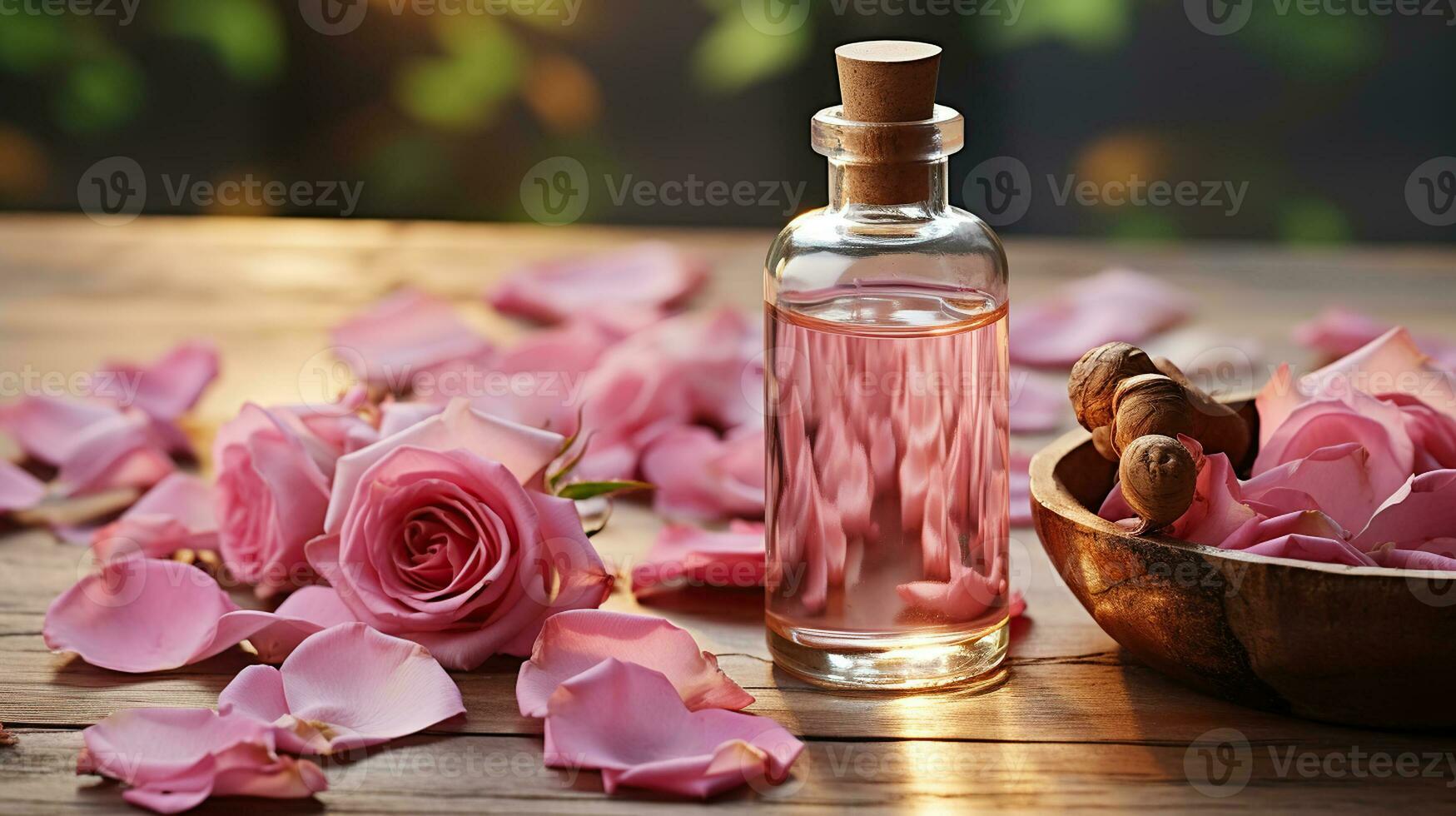 Pink rose flower and glass of bottle essential oil or rose water with rose petals, spa and aromatherapy cosmetic concept photo