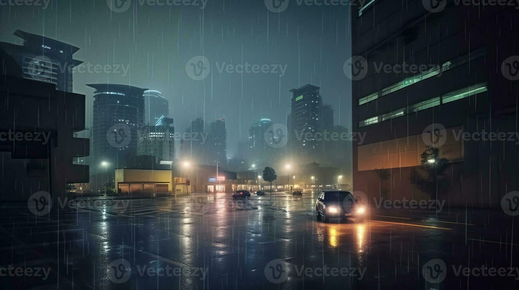 Nocturnal Drizzle. A Moody Cityscape in the Rain. Generative AI photo