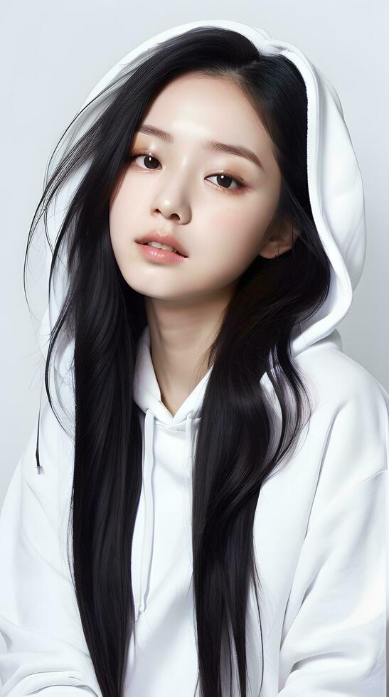 a woman with long black hair wearing a white hoodie photo