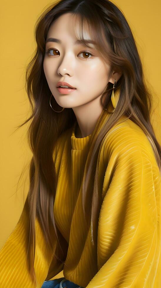 a beautiful young woman in a yellow sweater photo