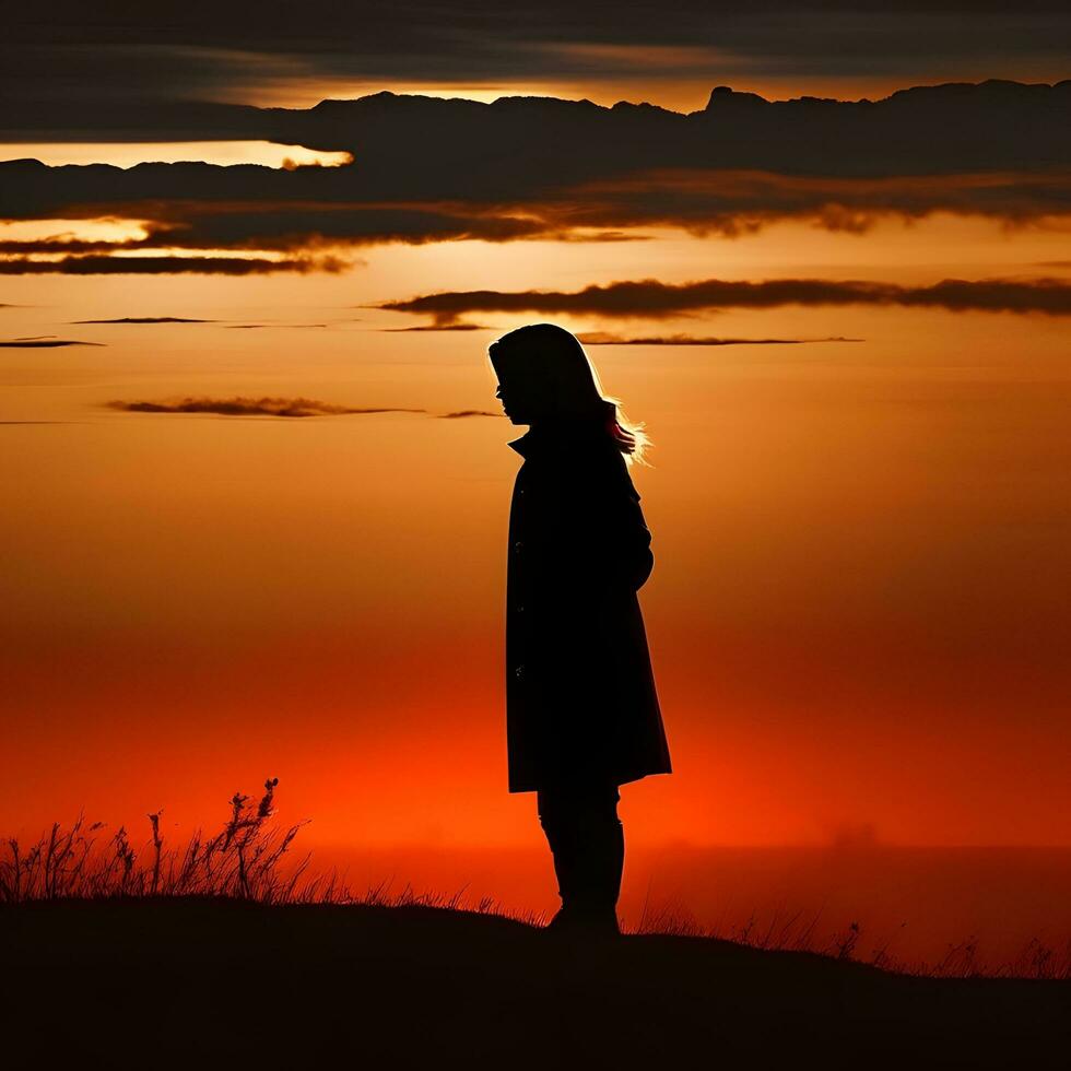 Silhouette of a lonely woman stands alone photo