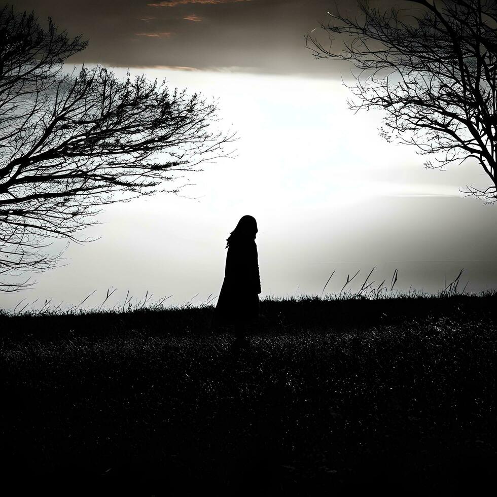 Silhouette of a lonely woman stands alone photo