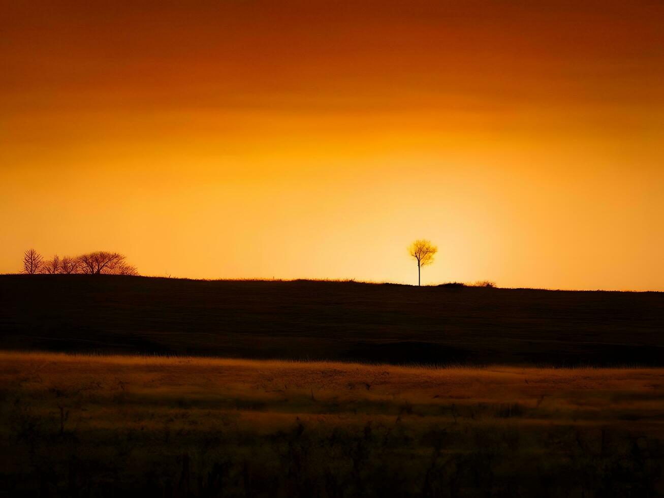 a lone tree stands in the middle of a field at sunset photo