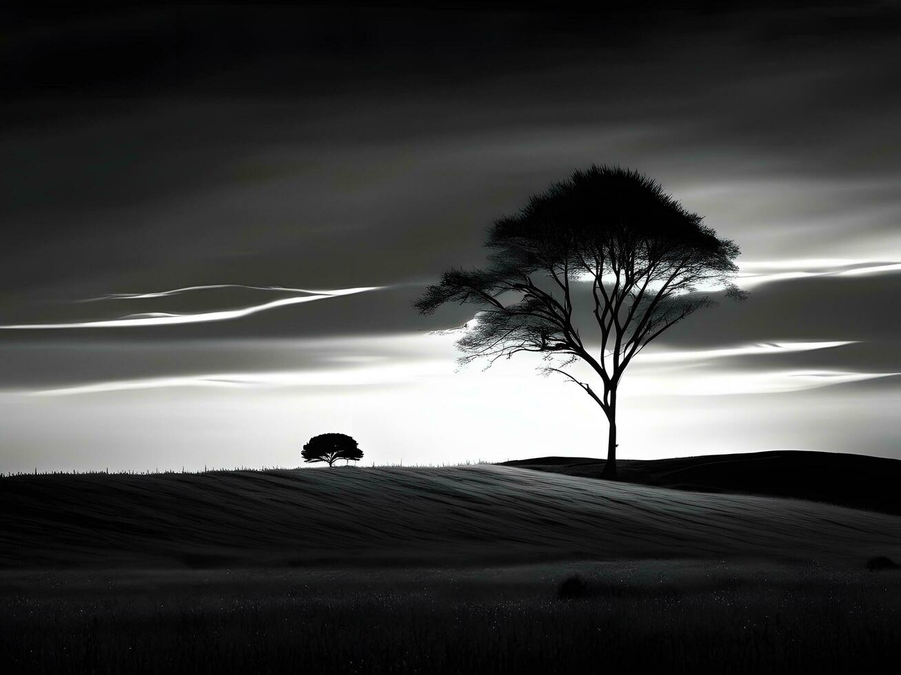 black and white photo of a lone tree in the middle of a field