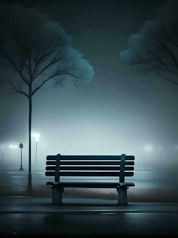 a bench in the middle of a foggy night photo