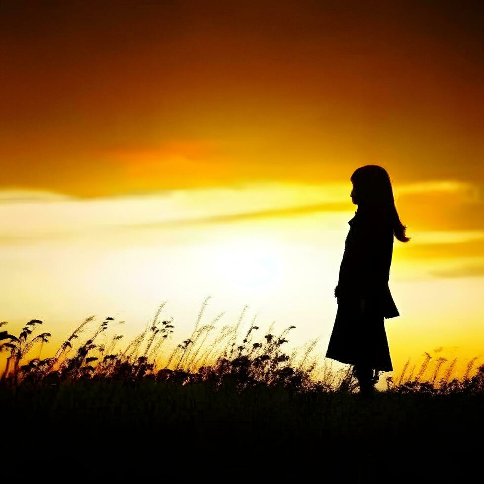 Silhouette of a lonely woman stands alone photo