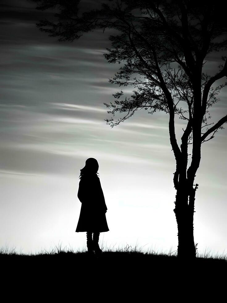 Silhouette of a lonely woman stands alone photo