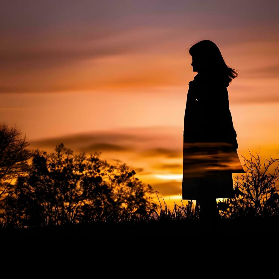 Silhouette of a lonely woman stands alone photo